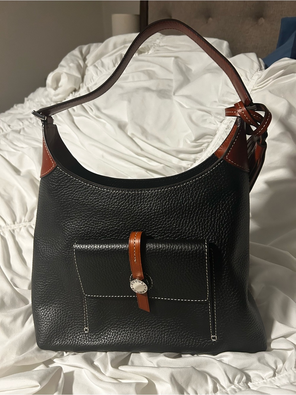 Dooney & Bourke Black Leather Shoulder Bag with Brown Trim